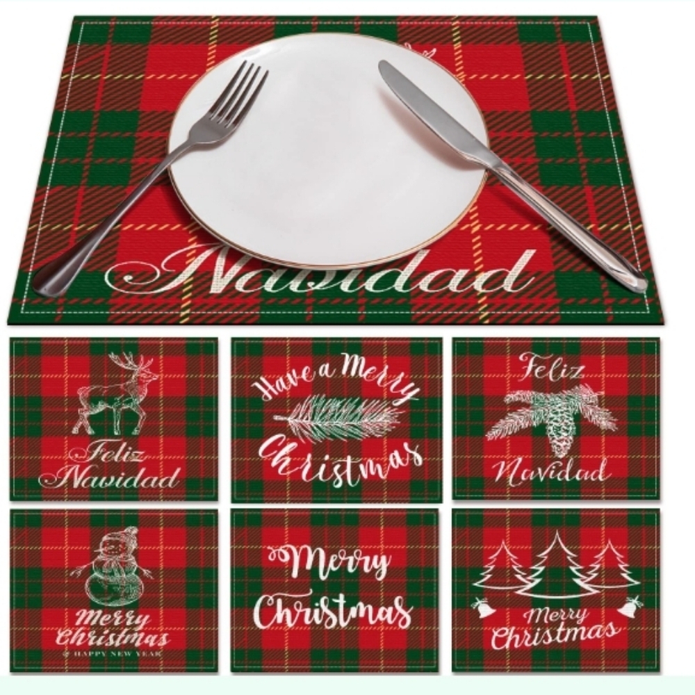 HAKACC 6pc Buffalo Plaid Placemat Set 6 Designs Merry Christmas & Feliz Navidad